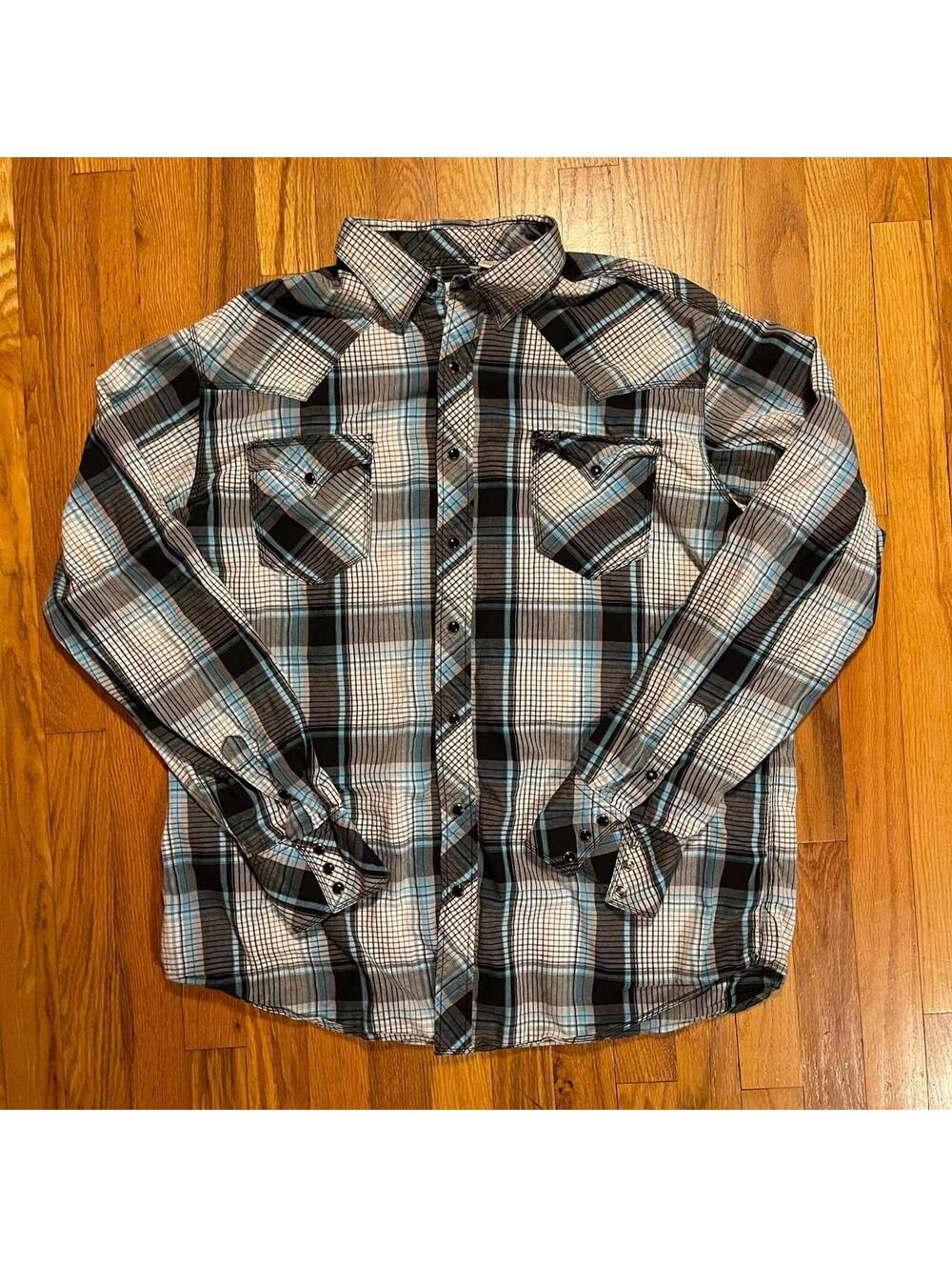 Roper Black Pearl Snap plaid blue grey button up Western shirt Men's XL